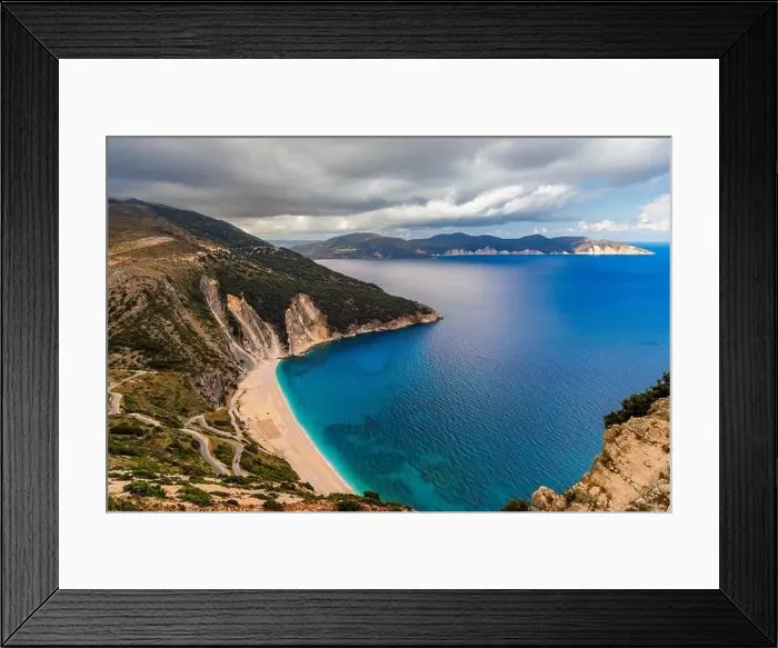 Framed Print : Aerial drone view of iconic turquoise and sapphire bay and beach of Myrtos Framed Print : Aerial drone view of iconic turquoise and sapphire bay and beach of Myrtos