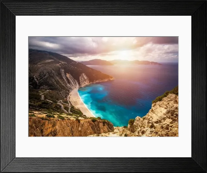 Framed Print : Aerial drone view of iconic turquoise and sapphire bay and beach of Myrtos Framed Print : Aerial drone view of iconic turquoise and sapphire bay and beach of Myrtos