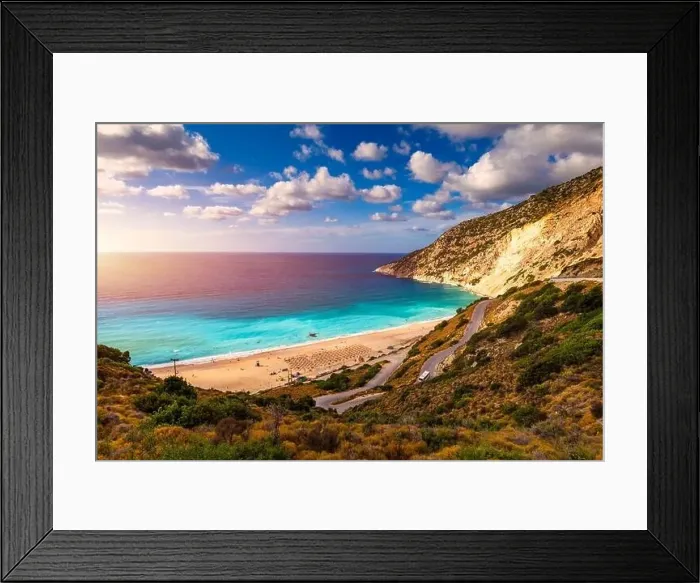 Framed Print : Aerial drone view of iconic turquoise and sapphire bay and beach of Myrtos Framed Print : Aerial drone view of iconic turquoise and sapphire bay and beach of Myrtos