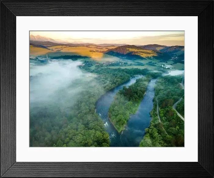 Framed Print : Fog and Mist at Sunrise Over Dunajec River in Pieniny, Poland. Aerial Drone View Framed Print : Fog and Mist at Sunrise Over Dunajec River in Pieniny, Poland. Aerial Drone View