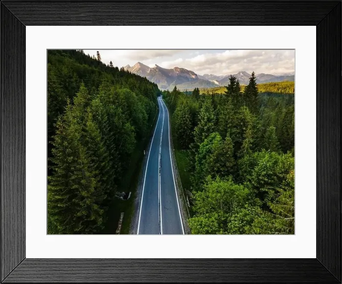 Framed Print : Aerial Drone View Over Road in Mountains Scenic Landscape Framed Print : Aerial Drone View Over Road in Mountains Scenic Landscape