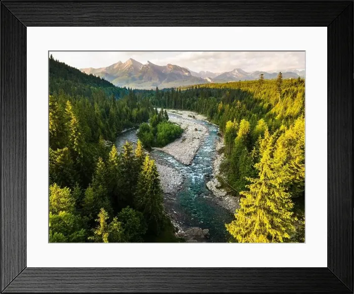 Framed Print : Scenic Landscape in Tatra National Park, Bialka River at Sunrise. Drone view Framed Print : Scenic Landscape in Tatra National Park, Bialka River at Sunrise. Drone view