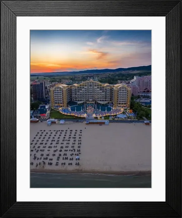 Framed Print : Aerial view to a sea resort Sunny Beach at sunset Framed Print : Aerial view to a sea resort Sunny Beach at sunset