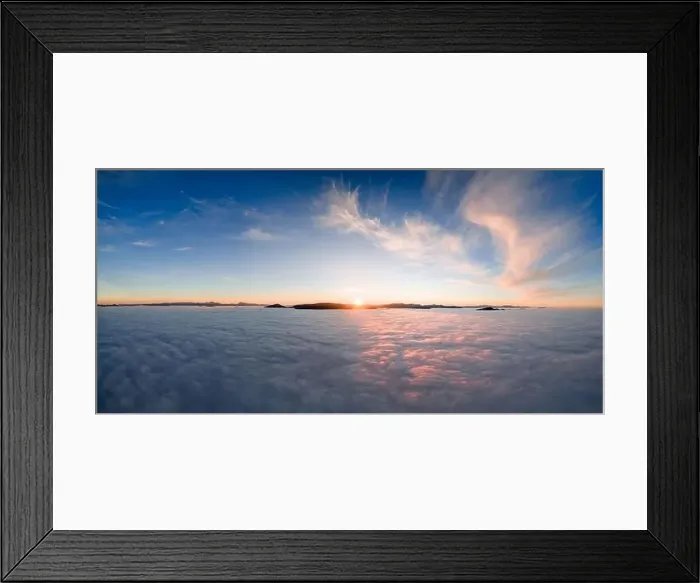 Framed Print : View from the drone at dawn over the clouds with mountains on the grassland Framed Print : View from the drone at dawn over the clouds with mountains on the grassland