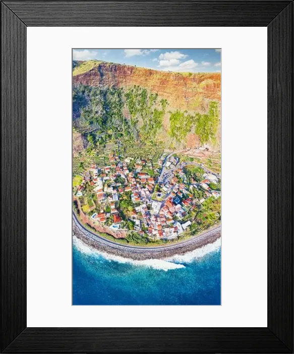 Framed Print : Aerial view of the picturesque seaside town of Jardim do Mar at feet of majestic mountain, Madeira island, Portugal Framed Print : Aerial view of the picturesque seaside town of Jardim do Mar at feet of majestic mountain, Madeira island, Portugal