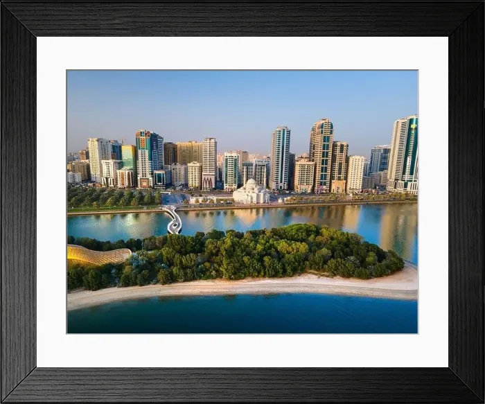 Framed Print : Aerial view of Sharjah Emirate of the United Arab Emirates above Al Noor island and mosque Framed Print : Aerial view of Sharjah Emirate of the United Arab Emirates above Al Noor island and mosque
