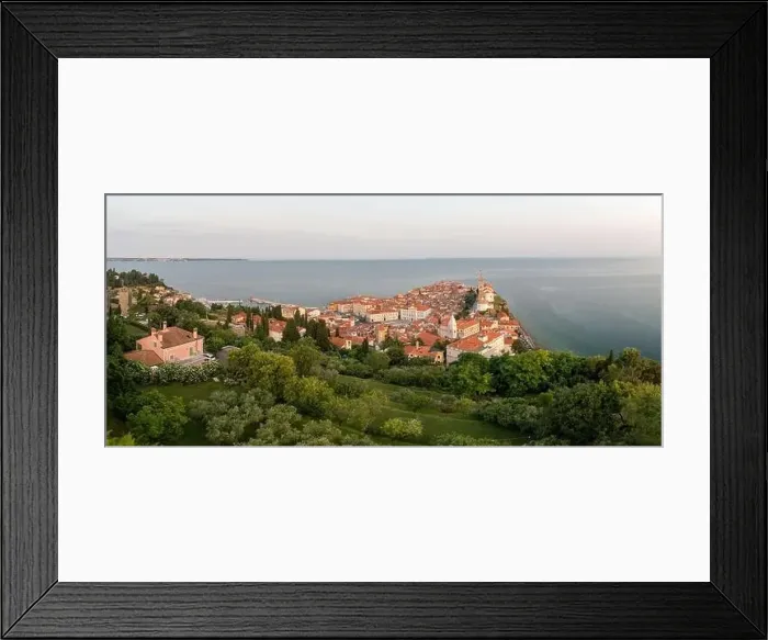 Framed Print : Panoramic photo about piran's old town in Slovenia Amazing morning lights in this peninsula with the Zvonik Campanile Framed Print : Panoramic photo about piran's old town in Slovenia Amazing morning lights in this peninsula with the Zvonik Campanile