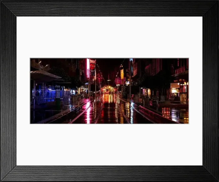 Framed Print : Melbourne City Bourke street mall tramlines on a wet night full of blurry reflections Framed Print : Melbourne City Bourke street mall tramlines on a wet night full of blurry reflections