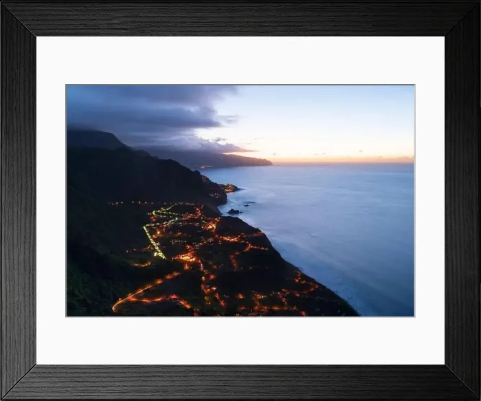 Framed Print : Aerial view of Arco de Sao Jorge and Ponta Delgada villages at dusk, north coast of Madeira island, Portugal Framed Print : Aerial view of Arco de Sao Jorge and Ponta Delgada villages at dusk, north coast of Madeira island, Portugal