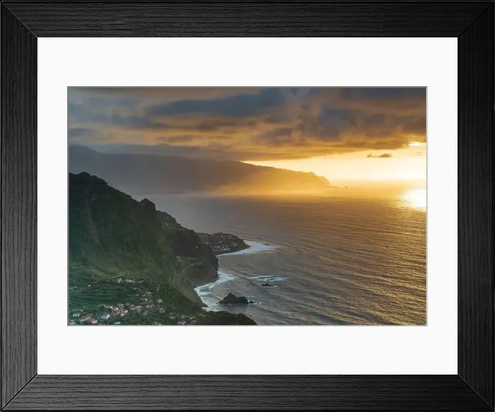 Framed Print : Aerial view of Arco de Sao Jorge and Ponta Delgada villages on cliffs on the north coast of Madeira island, Portugal Framed Print : Aerial view of Arco de Sao Jorge and Ponta Delgada villages on cliffs on the north coast of Madeira island, Portugal