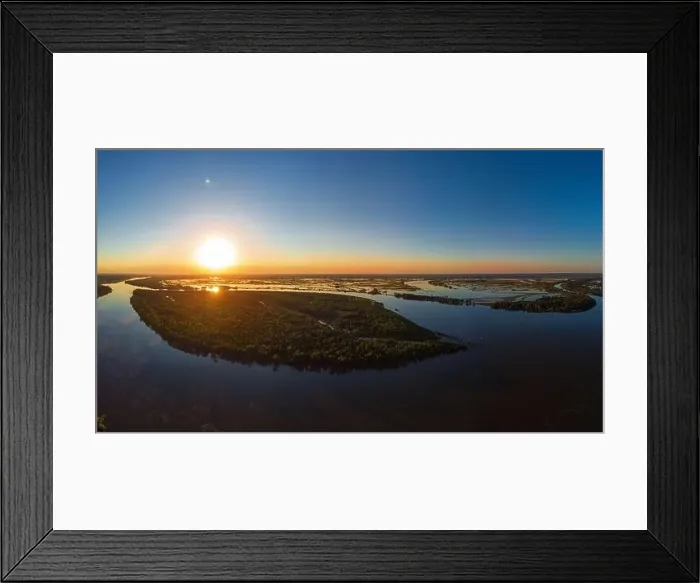 Framed Print : Aerial drone view of river landscape in sunny summer sunset Framed Print : Aerial drone view of river landscape in sunny summer sunset