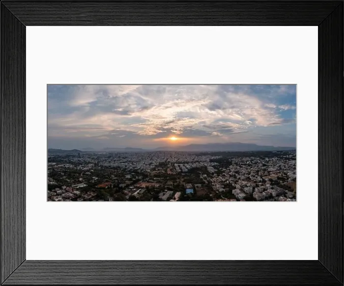 Framed Print : Athens Greece panorama at sunset. Sundown over Athens city, aerial drone view from Penteli mount Framed Print : Athens Greece panorama at sunset. Sundown over Athens city, aerial drone view from Penteli mount