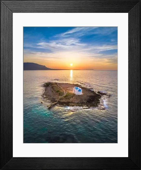 Framed Print : An old white church in a small island at sunset in Malia, Crete, Greece Framed Print : An old white church in a small island at sunset in Malia, Crete, Greece