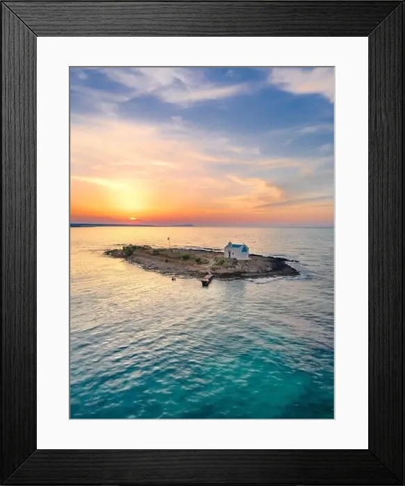 Framed Print : An old white church in a small island at sunset in Malia, Crete, Greece Framed Print : An old white church in a small island at sunset in Malia, Crete, Greece