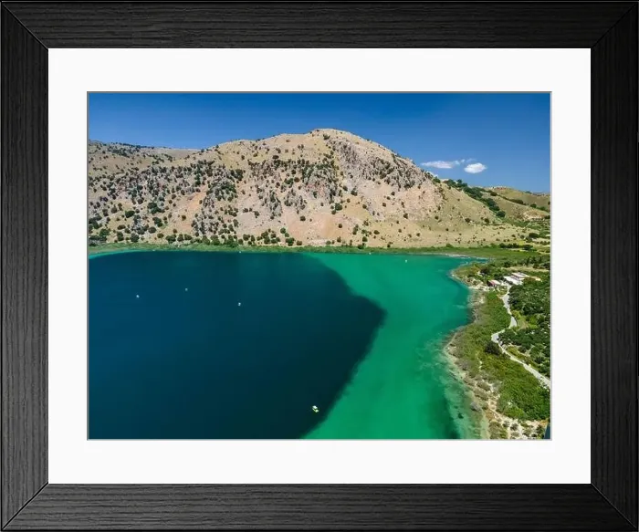 Framed Print : Aerial top view by drone of Kournas lake on Crete island. Greece Framed Print : Aerial top view by drone of Kournas lake on Crete island. Greece