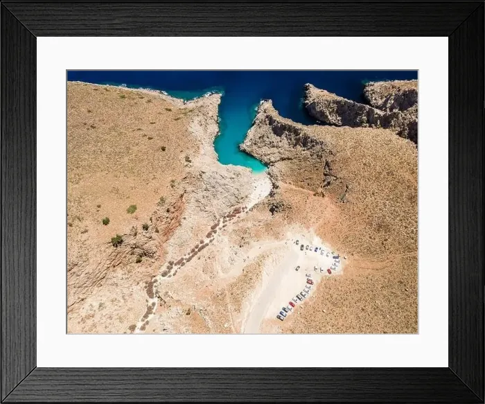 Framed Print : Aerial top view by drone of Seitan limania beach with turquoise water on Crete, Greece Framed Print : Aerial top view by drone of Seitan limania beach with turquoise water on Crete, Greece