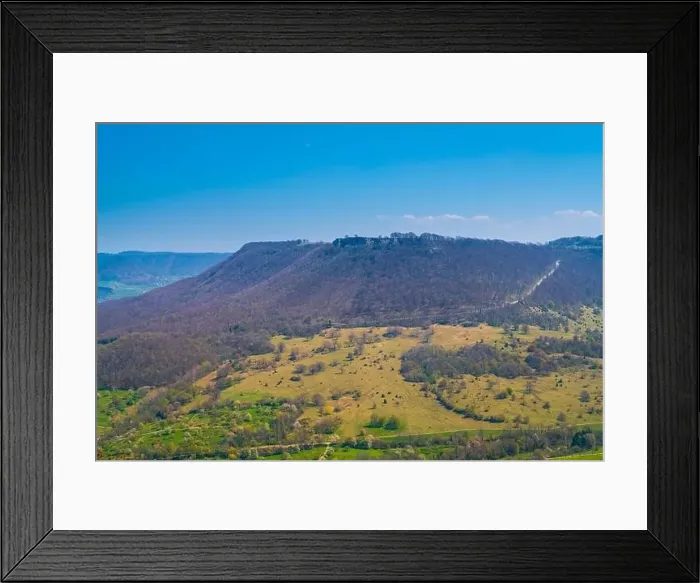 Framed Print : Germany, Panorama aerial drone view to breitenstein rock in swabian alb nature landscape near stuttgart on sunny day Framed Print : Germany, Panorama aerial drone view to breitenstein rock in swabian alb nature landscape near stuttgart on sunny day