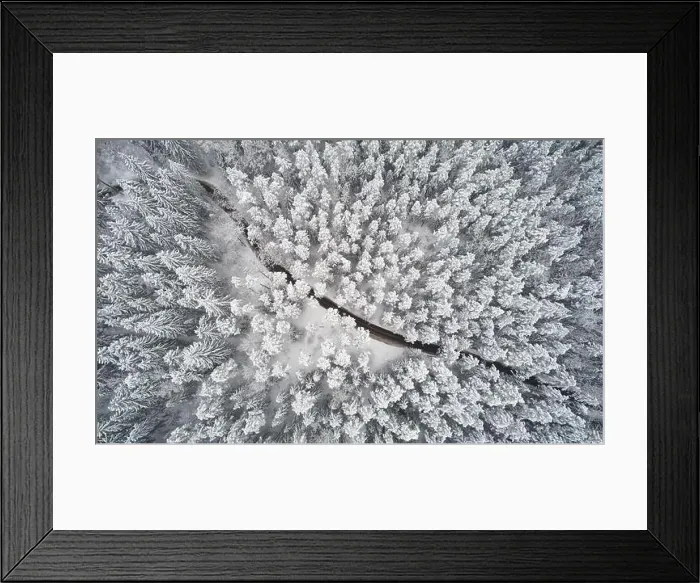 Framed Print : Winter path in forest above top drone view. Cold weather theme Framed Print : Winter path in forest above top drone view. Cold weather theme