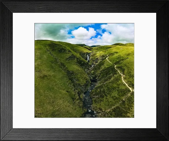 Framed Print : Aerial view of The Grey Mare's Tail, a waterfall near Moffat, Scotland Framed Print : Aerial view of The Grey Mare's Tail, a waterfall near Moffat, Scotland