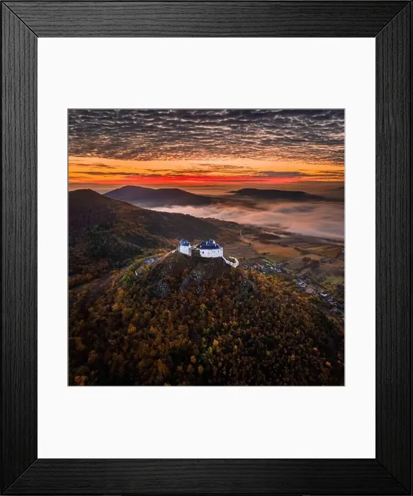 Framed Print : Fuzer, Hungary - Aerial view of the beautiful Castle of Fuzer with amazing colorful golden sunrise Framed Print : Fuzer, Hungary - Aerial view of the beautiful Castle of Fuzer with amazing colorful golden sunrise