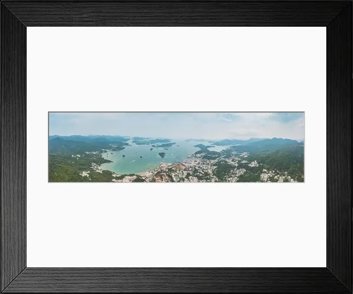 Framed Print : Coastline, pier and downtown of Sai Kung, Hong Kong. Aerial view, daytime Framed Print : Coastline, pier and downtown of Sai Kung, Hong Kong. Aerial view, daytime