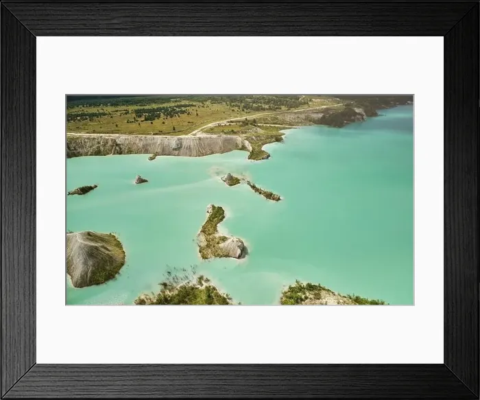 Framed Print : Green in big quarry water aerial drone view on bright sunny day Framed Print : Green in big quarry water aerial drone view on bright sunny day