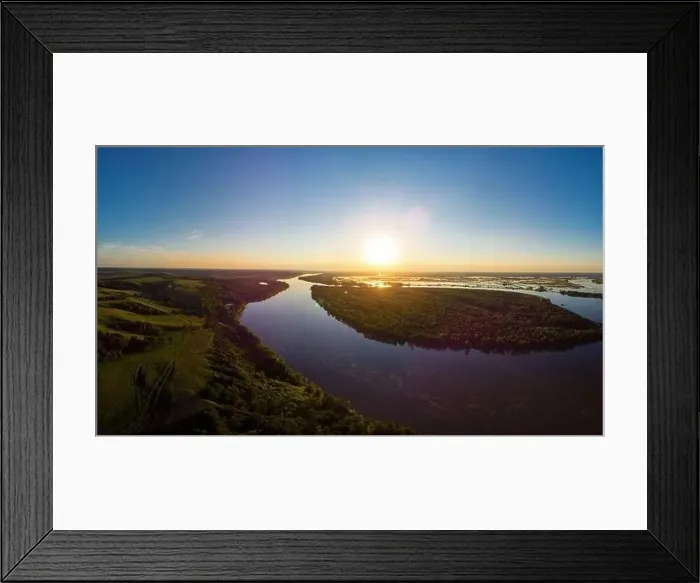 Framed Print : Aerial drone view of river landscape in sunny summer sunset Framed Print : Aerial drone view of river landscape in sunny summer sunset
