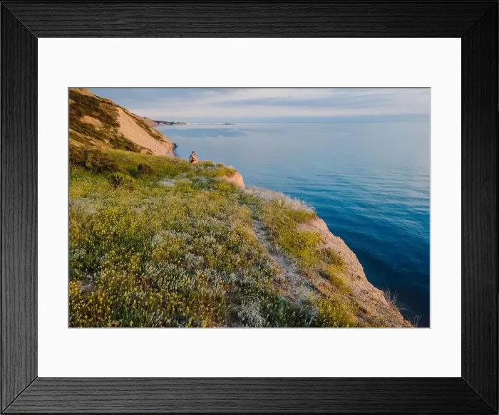 Framed Print : Aerial view of summer coastline with quiet sea and cliffs with sunset light Framed Print : Aerial view of summer coastline with quiet sea and cliffs with sunset light
