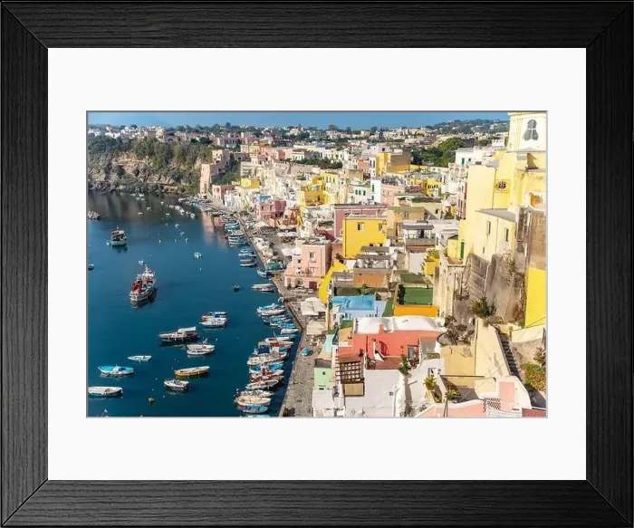 Framed Print : Aerial drone view of Corricella fisherman village in Procida island Naples Italy Framed Print : Aerial drone view of Corricella fisherman village in Procida island Naples Italy