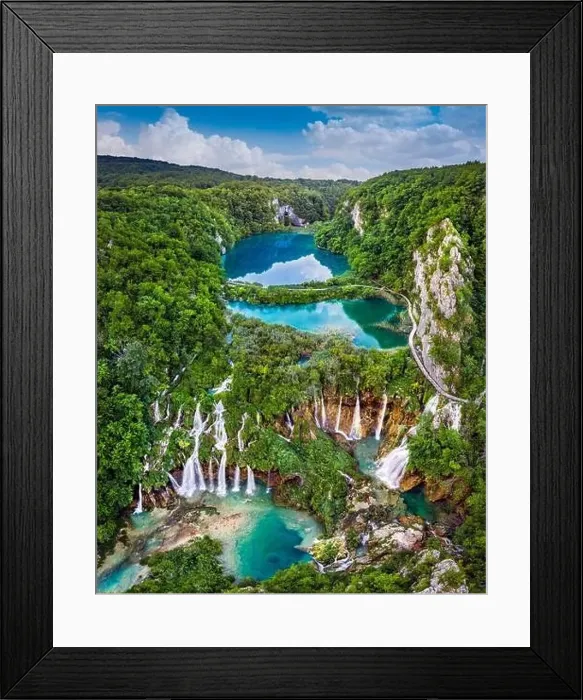 Framed Print : Plitvice, Croatia - Amazing view of the beautiful waterfalls of Plitvice Lakes in Plitvice National Park on a bright Framed Print : Plitvice, Croatia - Amazing view of the beautiful waterfalls of Plitvice Lakes in Plitvice National Park on a bright