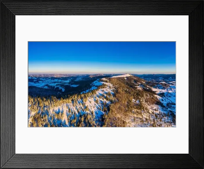 Framed Print : Fabulous snow-covered panorama of spruce trees growing on the mountain slopes in winter in cloudy foggy weather