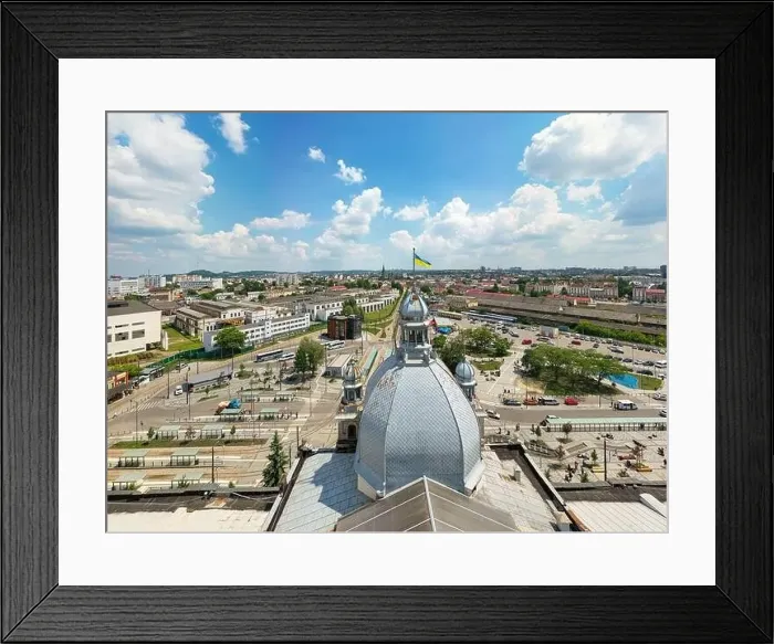 Framed Print : Lviv, Ukraine - July 1, 2021: View on railway station in lviv from drone Framed Print : Lviv, Ukraine - July 1, 2021: View on railway station in lviv from drone