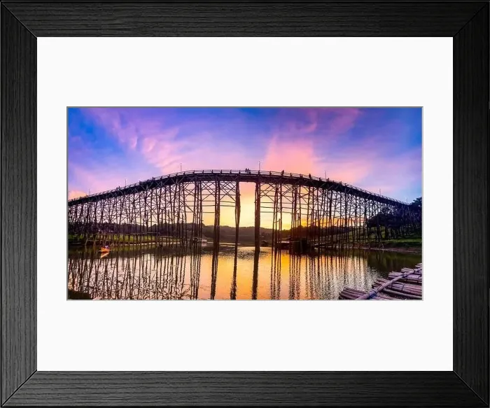 Framed Print : Mon Bridge, old wooden bridge at sunset in Sangkhlaburi, Kanchanaburi, Thailand Framed Print : Mon Bridge, old wooden bridge at sunset in Sangkhlaburi, Kanchanaburi, Thailand