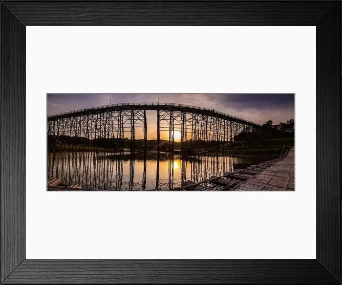Framed Print : Mon Bridge, old wooden bridge at sunset in Sangkhlaburi, Kanchanaburi, Thailand Framed Print : Mon Bridge, old wooden bridge at sunset in Sangkhlaburi, Kanchanaburi, Thailand