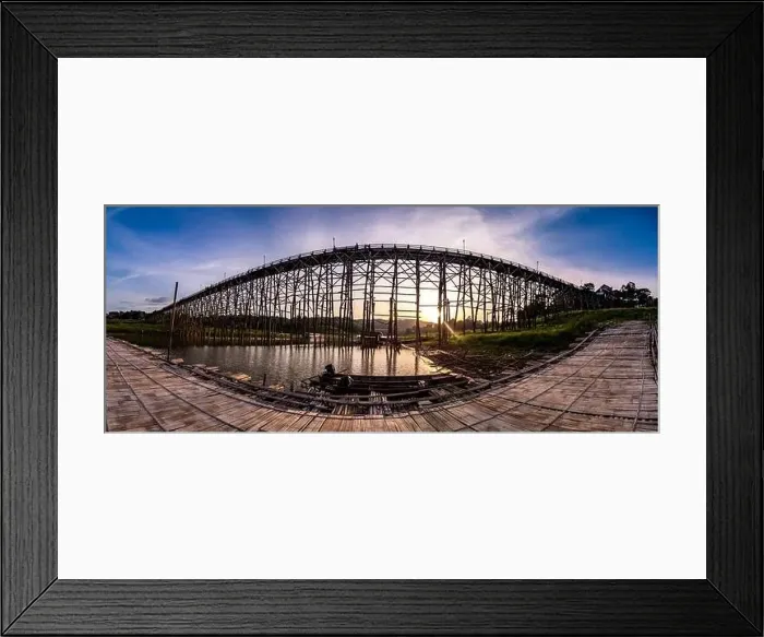 Framed Print : Mon Bridge, old wooden bridge at sunset in Sangkhlaburi, Kanchanaburi, Thailand, south east asia Framed Print : Mon Bridge, old wooden bridge at sunset in Sangkhlaburi, Kanchanaburi, Thailand, south east asia
