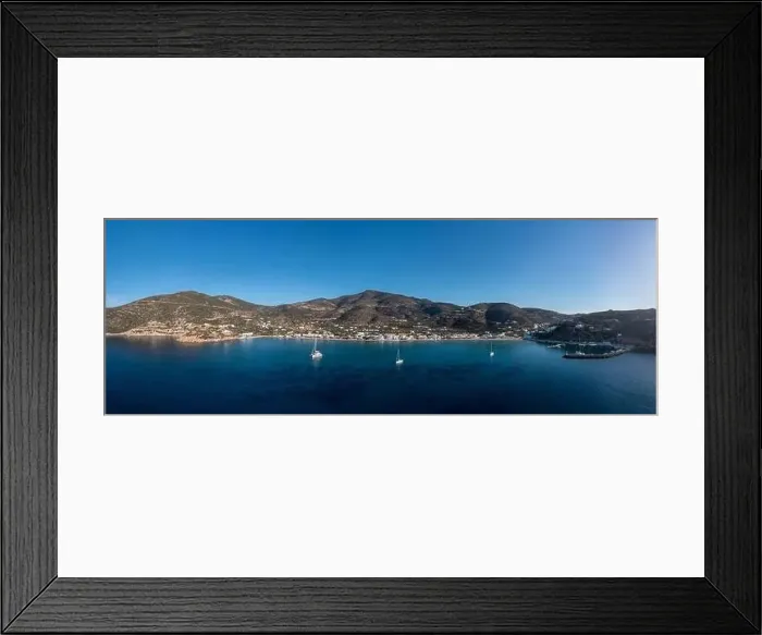 Framed Print : Sifnos island, Platys gialos aerial drone panoramic view from the sea Framed Print : Sifnos island, Platys gialos aerial drone panoramic view from the sea