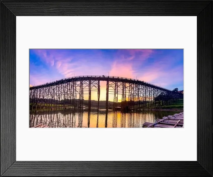 Framed Print : Mon Bridge, old wooden bridge at sunset in Sangkhlaburi, Kanchanaburi, Thailand Framed Print : Mon Bridge, old wooden bridge at sunset in Sangkhlaburi, Kanchanaburi, Thailand