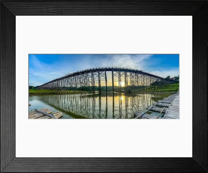 Framed Print : Mon Bridge, old wooden bridge at sunset in Sangkhlaburi, Kanchanaburi, Thailand, south east asia Framed Print : Mon Bridge, old wooden bridge at sunset in Sangkhlaburi, Kanchanaburi, Thailand, south east asia