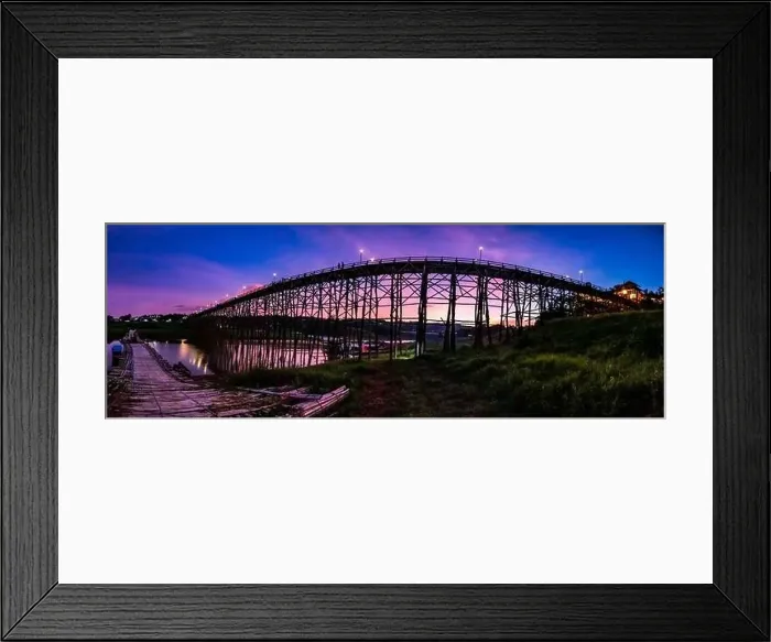 Framed Print : Mon Bridge, old wooden bridge at sunset in Sangkhlaburi, Kanchanaburi, Thailand, south east asia Framed Print : Mon Bridge, old wooden bridge at sunset in Sangkhlaburi, Kanchanaburi, Thailand, south east asia