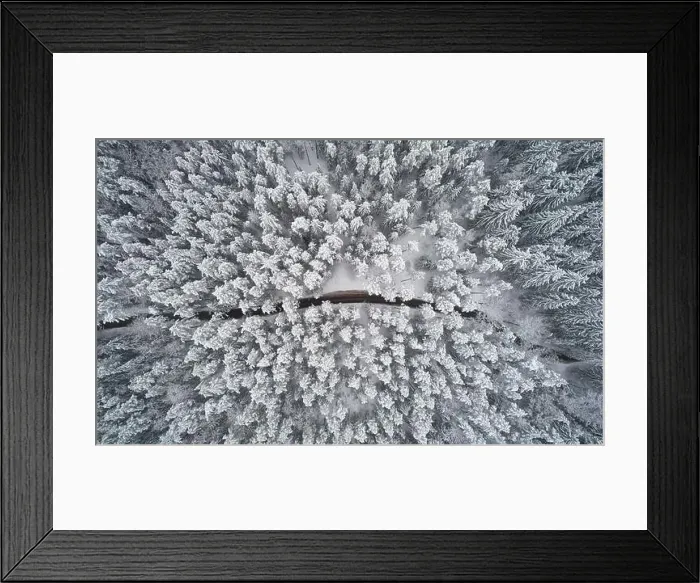 Framed Print : Rural road in winter forest background above top view Framed Print : Rural road in winter forest background above top view