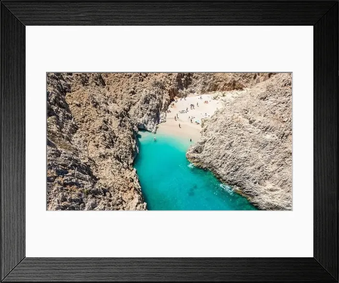 Framed Print : Aerial top view by drone of beach of Seitan Limania in bay with turquoise water and an unusual shape in Akrotiri, Crete Framed Print : Aerial top view by drone of beach of Seitan Limania in bay with turquoise water and an unusual shape in Akrotiri, Crete