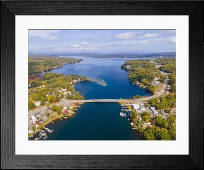 Framed Print : Aerial view of Lake Winnisquam and Winnisquam Sand Bar with US Route 3 bridge between town of Belmont Framed Print : Aerial view of Lake Winnisquam and Winnisquam Sand Bar with US Route 3 bridge between town of Belmont