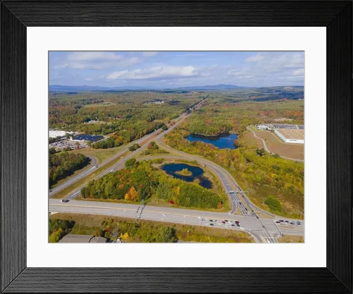 Framed Print : Interstate Highway 93 at Exit 20 with US Route 3 in White Mountain National Forest aerial view with fall foliage Framed Print : Interstate Highway 93 at Exit 20 with US Route 3 in White Mountain National Forest aerial view with fall foliage