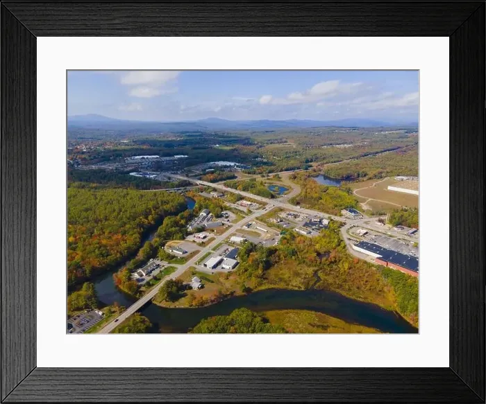 Framed Print : Interstate Highway 93 at Exit 20 with US Route 3 in White Mountain National Forest aerial view with fall foliage Framed Print : Interstate Highway 93 at Exit 20 with US Route 3 in White Mountain National Forest aerial view with fall foliage