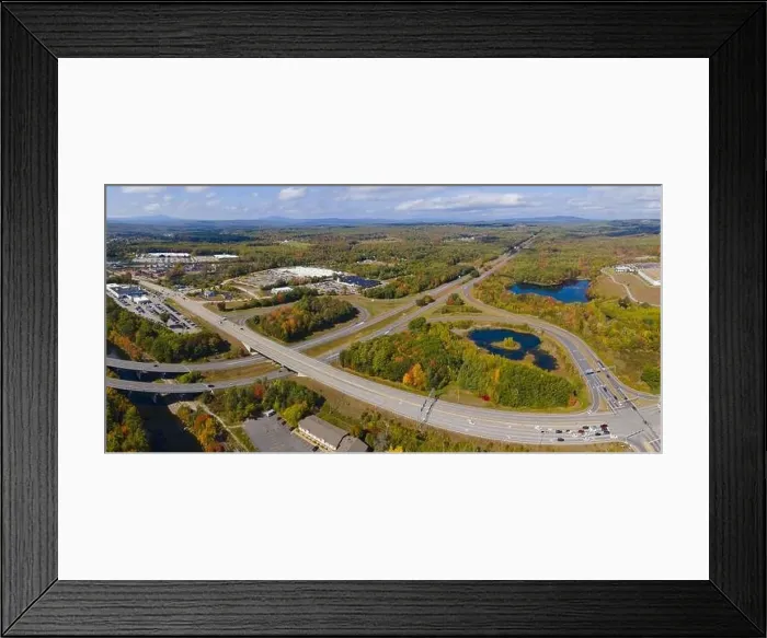 Framed Print : Interstate Highway 93 at Exit 20 with US Route 3 in White Mountain National Forest aerial view with fall foliage Framed Print : Interstate Highway 93 at Exit 20 with US Route 3 in White Mountain National Forest aerial view with fall foliage