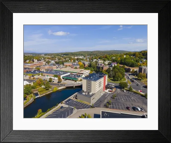 Framed Print : Laconia city center and Opechee Bay of Lake Winnipesaukee aerial view with fall foliage in downtown Laconia Framed Print : Laconia city center and Opechee Bay of Lake Winnipesaukee aerial view with fall foliage in downtown Laconia