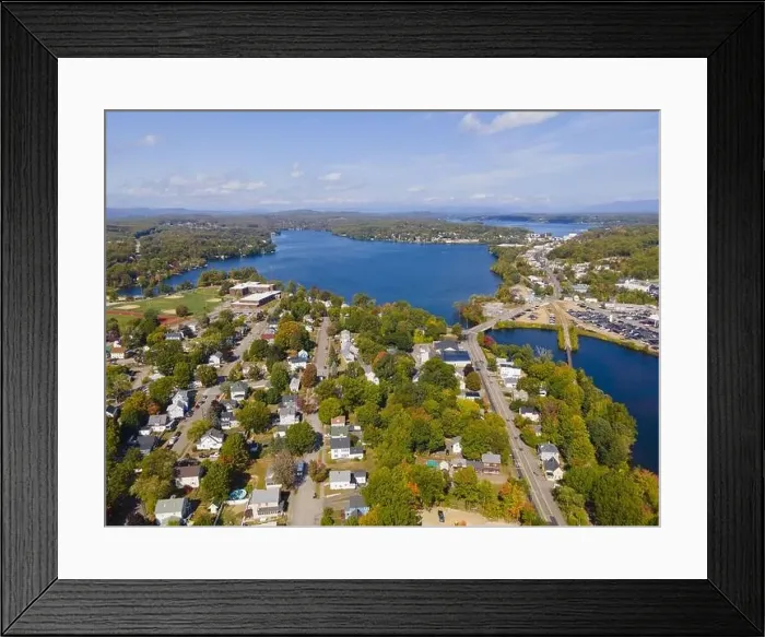 Framed Print : Laconia city center and Opechee Bay of Lake Winnipesaukee aerial view with fall foliage in downtown Laconia Framed Print : Laconia city center and Opechee Bay of Lake Winnipesaukee aerial view with fall foliage in downtown Laconia