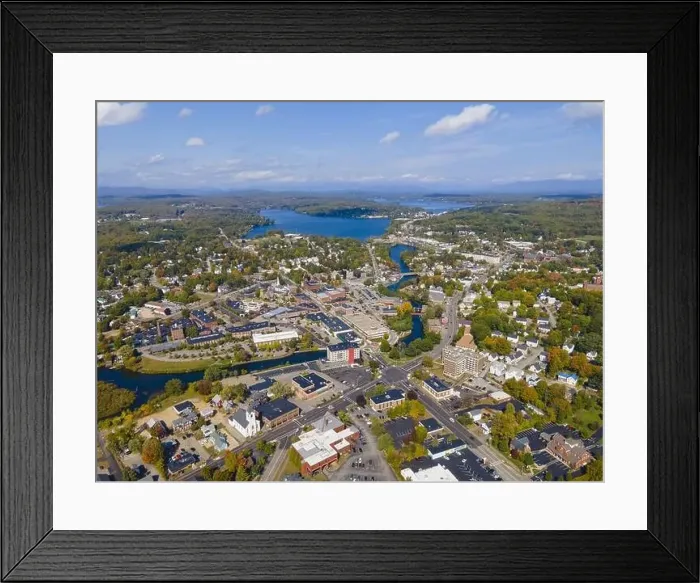 Framed Print : Laconia city center and Opechee Bay of Lake Winnipesaukee aerial view with fall foliage in downtown Laconia Framed Print : Laconia city center and Opechee Bay of Lake Winnipesaukee aerial view with fall foliage in downtown Laconia