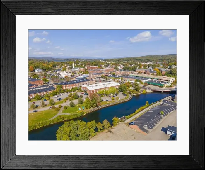Framed Print : Laconia city center and Opechee Bay of Lake Winnipesaukee aerial view with fall foliage in downtown Laconia Framed Print : Laconia city center and Opechee Bay of Lake Winnipesaukee aerial view with fall foliage in downtown Laconia