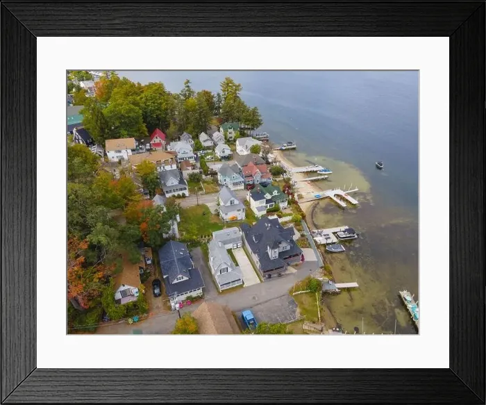 Framed Print : Lake Winnipesaukee and village of Weirs Beach aerial view with fall foliage in City of Laconia, New Hampshire NH, USA Framed Print : Lake Winnipesaukee and village of Weirs Beach aerial view with fall foliage in City of Laconia, New Hampshire NH, USA